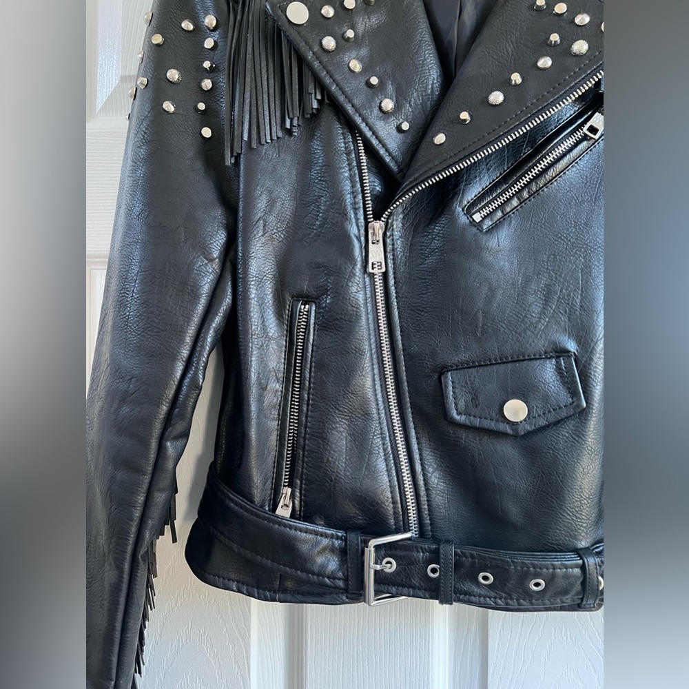 PINK ROSE Black Studded Fringe Leather Moto Jacket - Picture 5 of 10